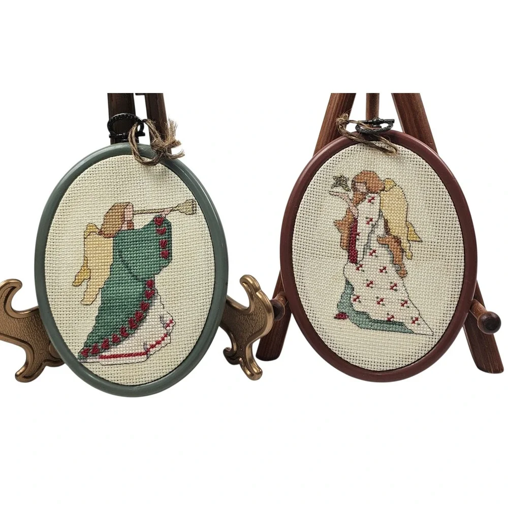 Vtg Handcrafted Angel Cross Stitch Oval Framed Ornaments Set of 2 Green Brown